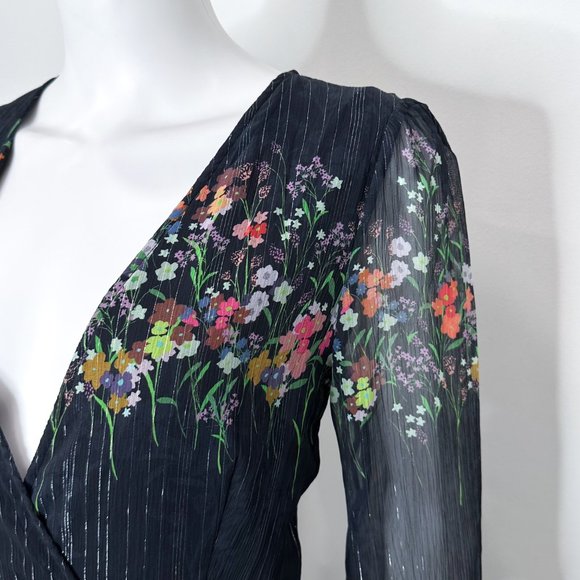 Anthropologie Laia Metallic Floral Print Midi Wrap Dress Black Navy Women's Sz S - Picture 9 of 17